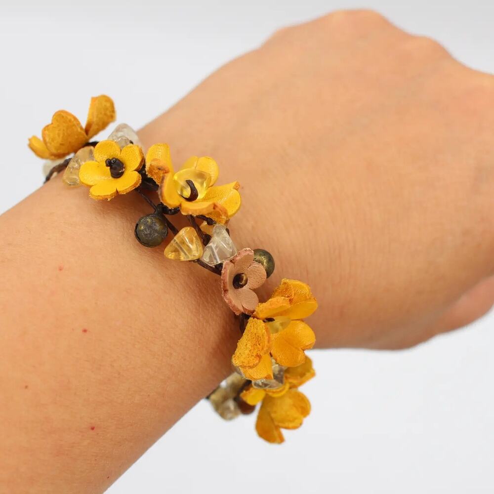 Handmade Genuine Leather Flower Bracelet w Stones Yellow Bracelet Neutral